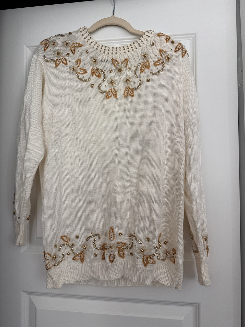 Cream Embellished Crewneck Sweater with Gold Accents